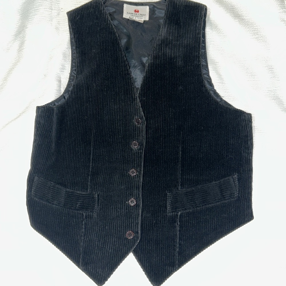 Vintage Santa Cruz Imports Black Corduroy Vest Lined Button Front‎ Size S Boho